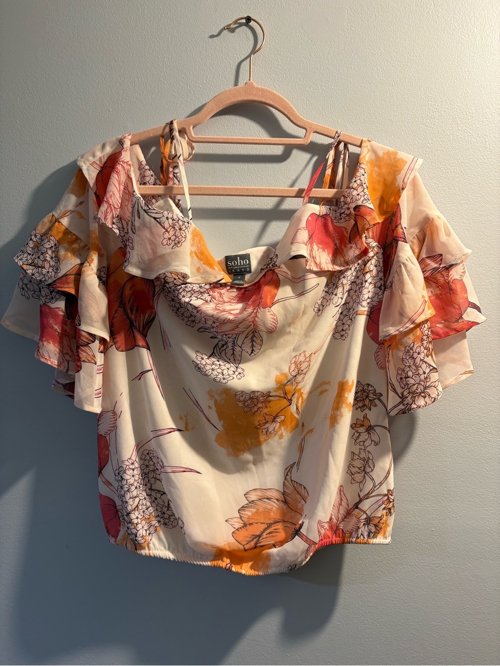New York & Company Cream Floral Off-Shoulder Ruffle Top with Orange & Pink